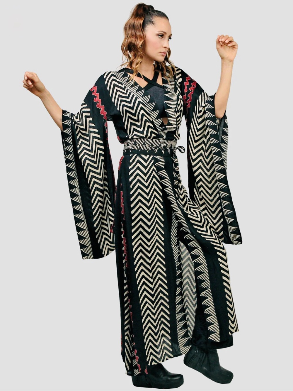 Alexai Black & Cream Chevron Mexican Kimono Maxi Dress with Subtle Red Accents